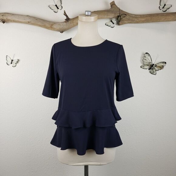 Ann Taylor heavy navy raffle hem blouse - Picture 2 of 8